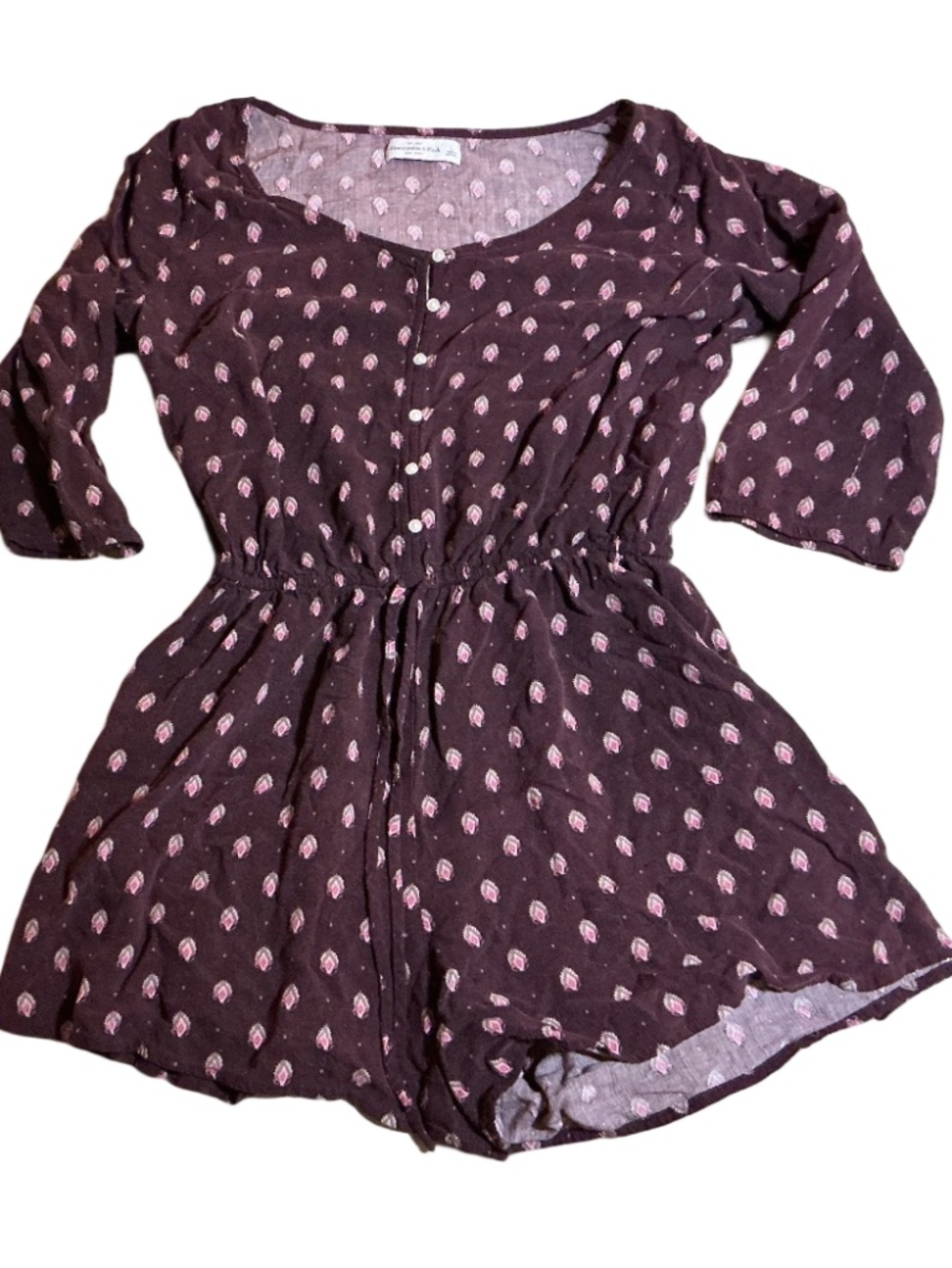 Abercrombie & Fitch Romper, Brown, Boho Print, Elastic Tie-Waist, 3/4 Sleeve, L